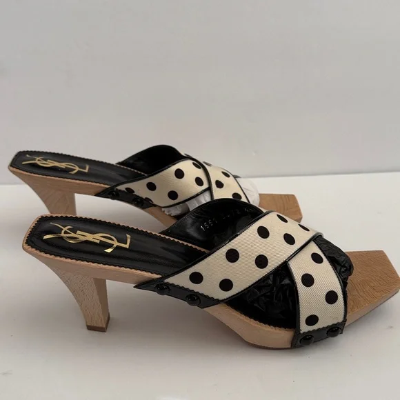 YSL Ivory & Black Lolita Dot Heeled Slides - Picture 3 of 10